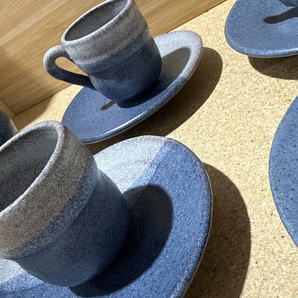 VTG Studio Pottery Blue Gray Espresso Cups & Saucers Sugar Bowl Set - Picture 16 of 16